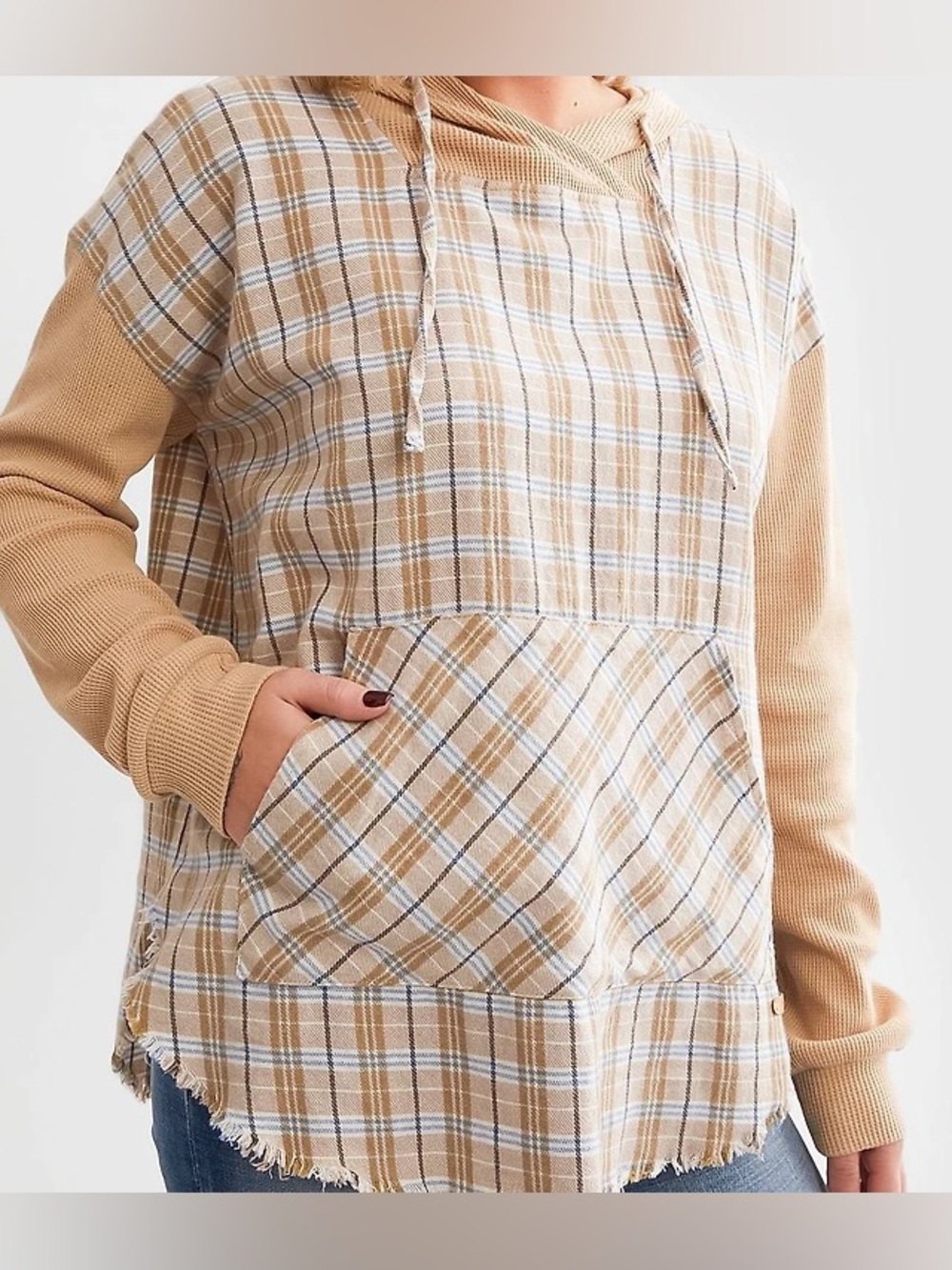 BKE |  Buckle Tan Plaid Crewneck Hoodie w/kangaroo Pocket Sz L - Picture 6 of 11